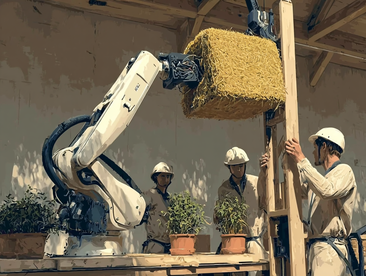 EcoCocon, Roboterarm platziert Strohballen in der automatisierten Fertigung