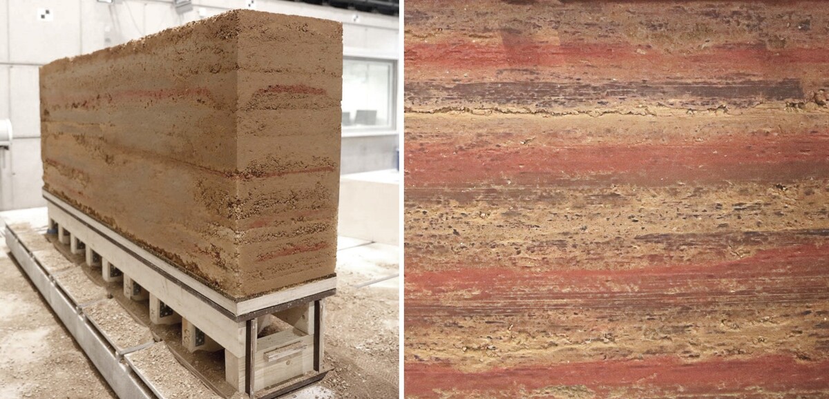 Fertiges Stampflehm-Bauteil mit sichtbarer Schichtstruktur